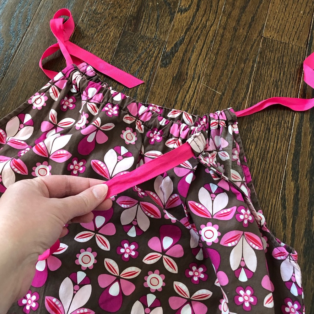 Hanna Andersson Girls 12 (150cm) Brown w/Pink Flowers Ruched Halter Shift Dress - Picture 7 of 11